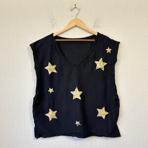 GYPSY JUNKIES Tank Top Black Stars Rhinestones V-Neck Cotton Edgy Gothic